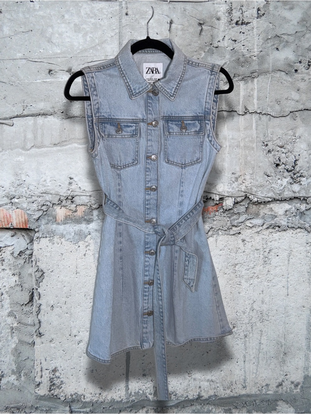ZARA Light Wash Denim Sleeveless Shirt Dress with Belt